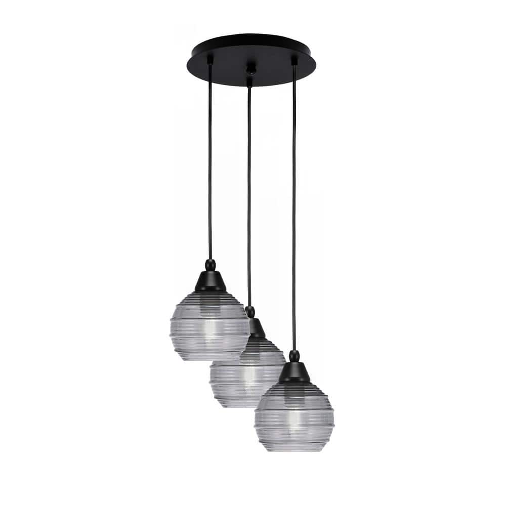 Savannah 9 in. 3-Light Matte Black Cord Pendant Light Smoke Ribbed Glass Sh