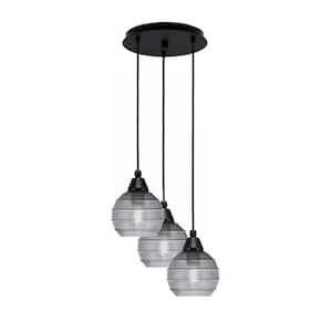 Savannah 9 in. 3-Light Matte Black Cord Pendant Light Smoke Ribbed Glass Shade