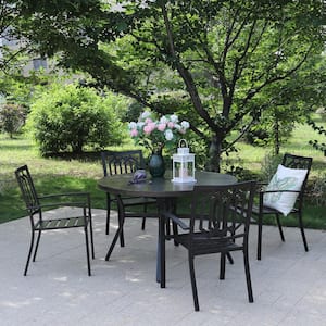 Black 5-Piece Metal Outdoor Patio Dining Set with Wood-Look Round Table and Fashion Stackable Chairs