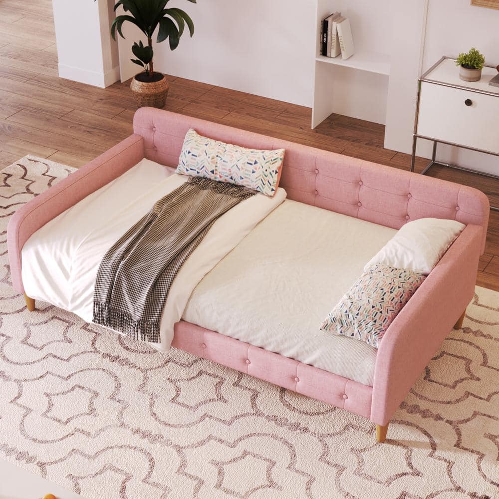 Pink Twin Size Upholstered Daybed with 4 Support Legs