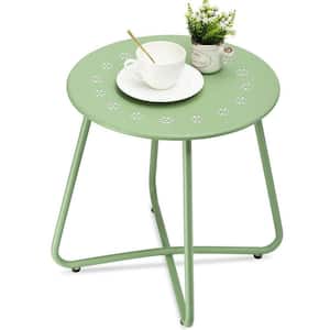 Green Round Weather Resistant Steel Patio Side Table with Flower Cut Outs