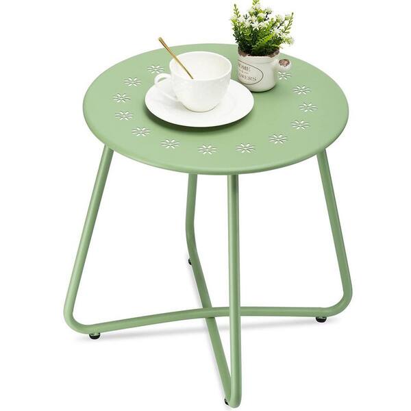 Dyiom Green Round Weather Resistant Steel Patio Side Table with Flower Cut Outs
