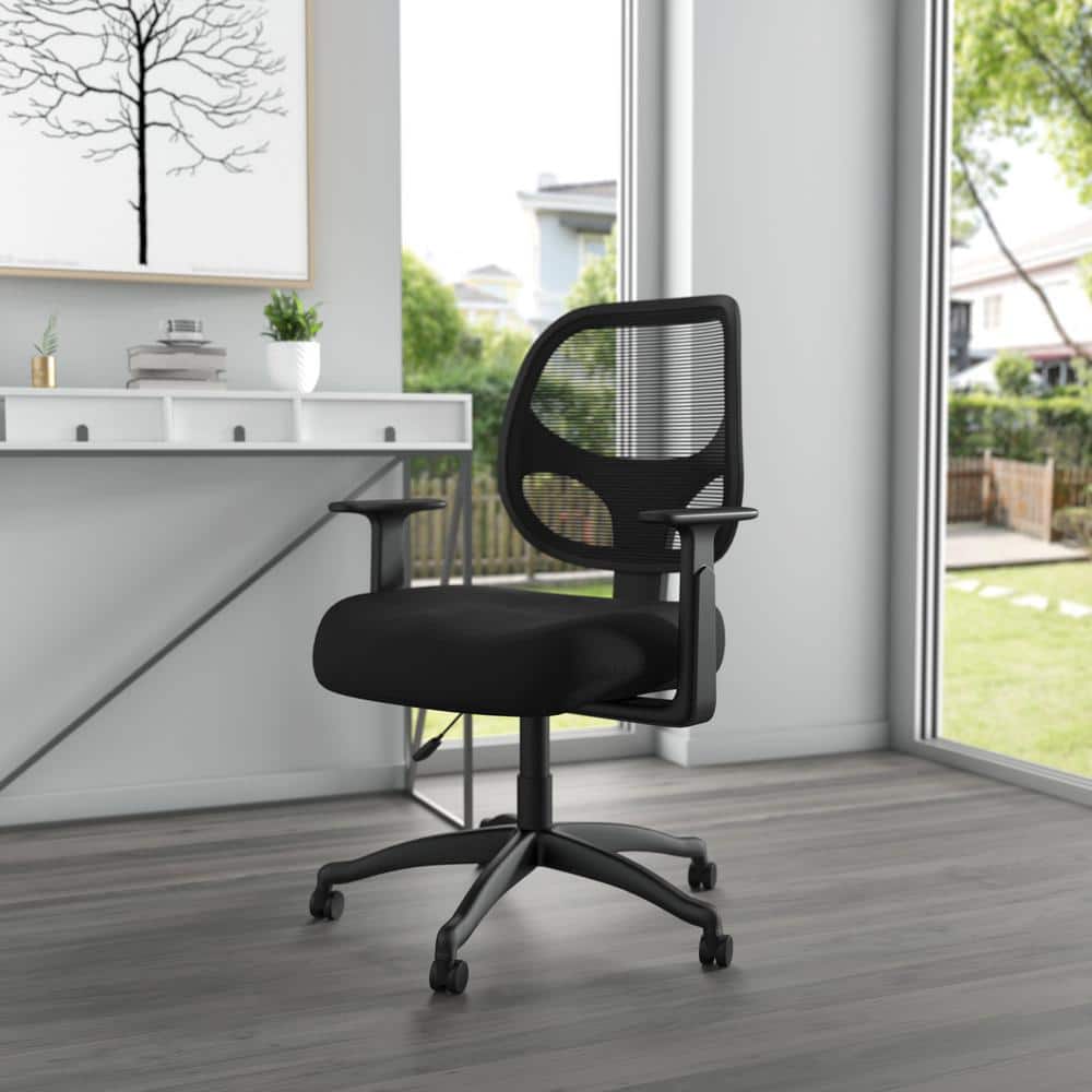 Black Mesh Task Chair with Fixed T-Arms and Lumbar Support