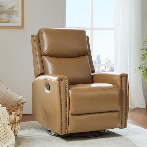 ARTFUL LIVING DESIGN Savino 30.31 in. Wide Camel Genuine Leather Swivel Rocker Recliner with Metal Legs