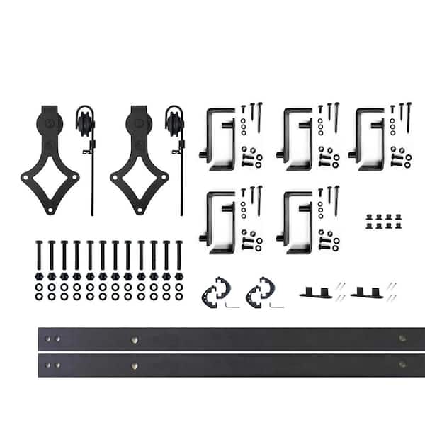 6.6 ft./79 in. Black Rustic Double Track Bypass U-Shape Sliding Barn Door Hardware Kit - Diamond Design Roller