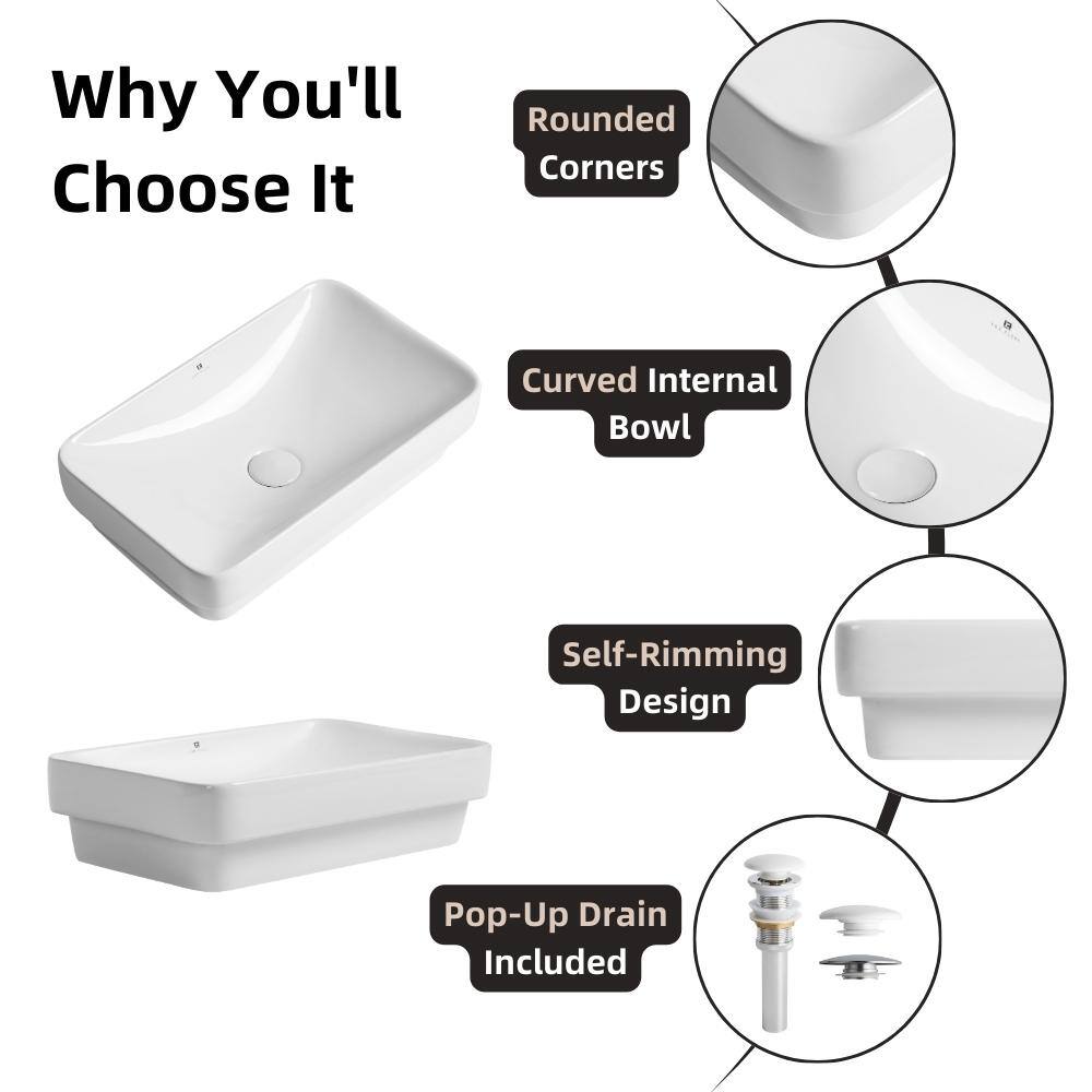 Glossy White Ceramic Rectangular Drop-In Bathroom Sink