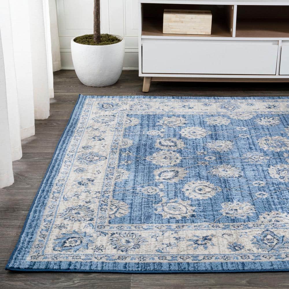Elegant Vintage Floral 5' Square Blue and Cream Synthetic Area Rug