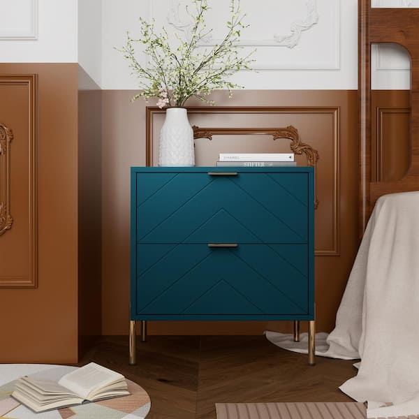 Modern Green MDF 2-Drawer Nightstand with Chrome Legs and Smooth Gliding Drawers for Bedroom Storage