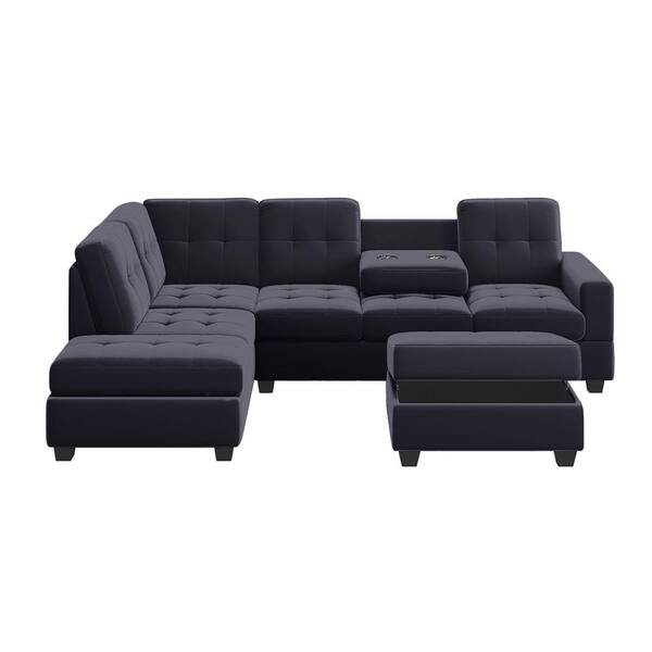 Unbranded 112 in. W Square Arm 3-Piece L Shaped Velvet Modern 6-Seats Sectional Sofa in Black