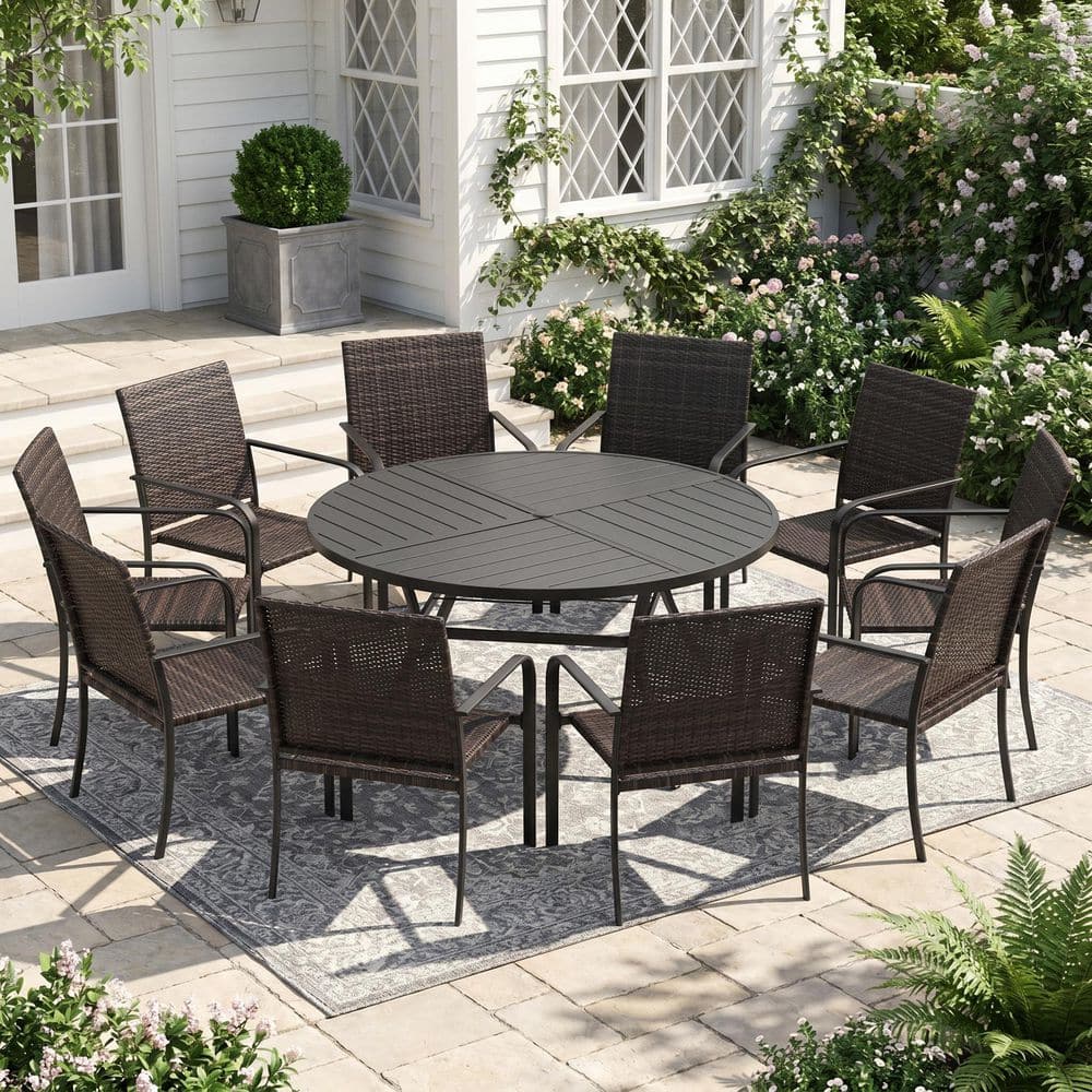 11-Piece Metal Outdoor Dining Set with 59.8 in. Black Round Patio Table and 10 Rattan Stackable Dining Chairs in Brown price history on PriceWatchPro