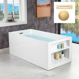 Breanne 59 in. Acrylic Freestanding Rectange Soaking Bathtub with Brushed Gold Drain and Overflow Included in White