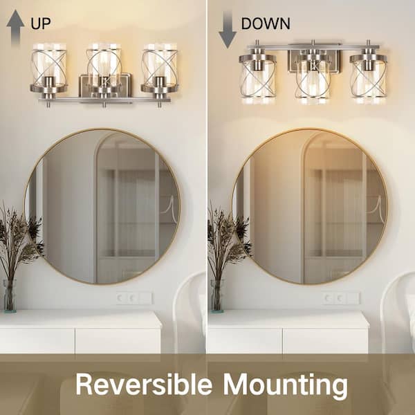 20.4 in. 3-Light Nickel Vanity Light with Cylindrical Transparent Glass Shades