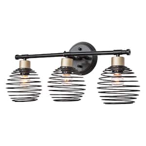 21.46 in. W 3-Light in Classic Black Plus Brass Dust Vanity Light with Globe Shade