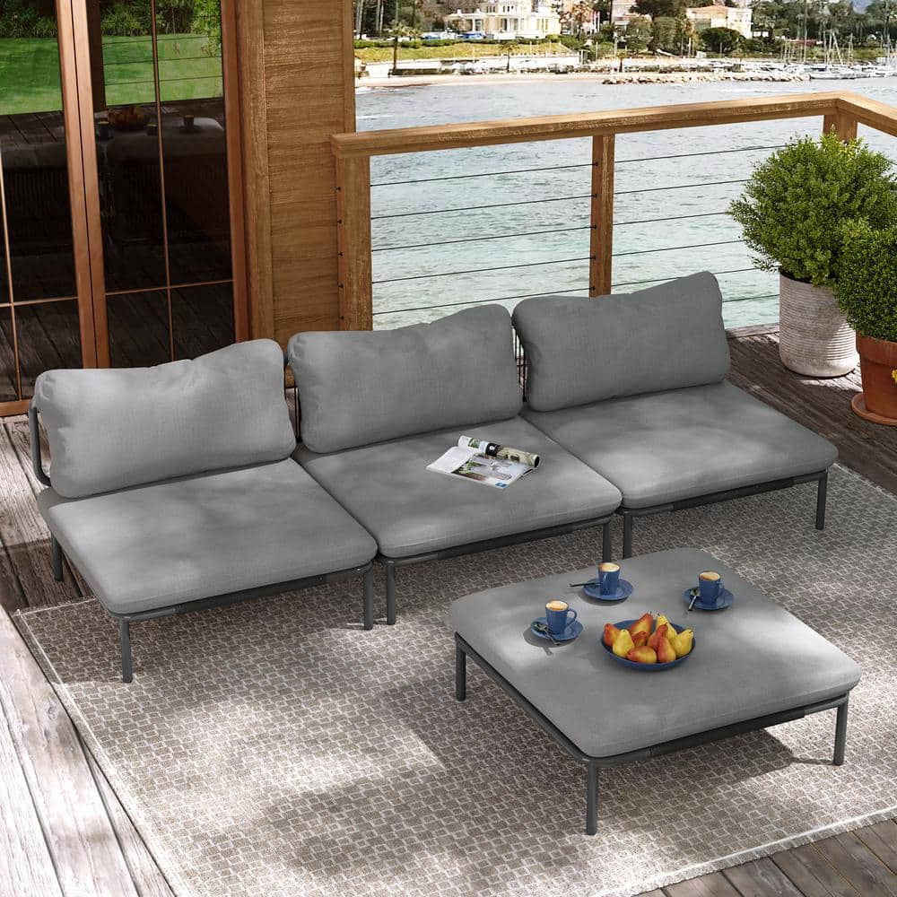 4 Piece Metal Outdoor Sectional Sofa with Dark Gray Cushions 4-Armrest