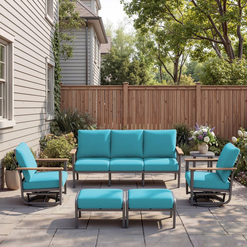 6-Piece Aluminum Patio Conversation Set with 3-Seat Sofa, 2 Swivel Rockers, End Table and 2 Ottomans, Turquoise Cushions price history on PriceWatchPro