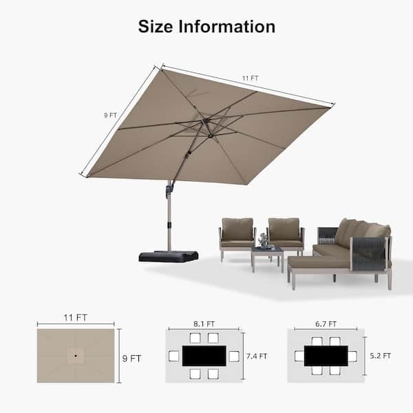 9 ft. x 11 ft. Outdoor Patio Cantilever Umbrella Light Champagne Aluminum Offset 360° Rotation Umbrella in Taupe