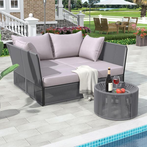 ToolCat 2-Piece Metal Outdoor Double Chaise Lounge Loveseat Daybed with Clear Tempered Glass Table, Gray Cushions