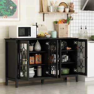 Black Modern Wood Buffet Sideboard with Storage Cabinet, Glass Doors, and Adjustable Shelves for Kitchen Dining Room