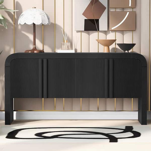 Grevlin Modern 63 in. Black Rectangle MDF Entryway Console Table with Doors and Adjustable Shelf, Curved design