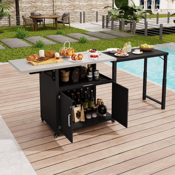 Unbranded Expandable Outdoor Serving Cart with Fold Outside Tables Storage Cabinet and Locking Wheels Matte Black
