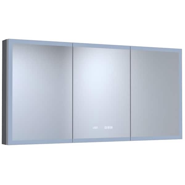 60 in. W x 30 in. H Rectangular Silver Aluminum Recessed/Surface Mount Medicine Cabinet with Mirror LED and Clock