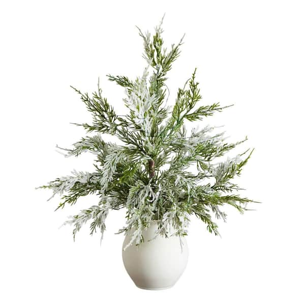 18 in. Pre-Lit Artificial Mini Snowed Cypress Christmas Tree with 12-LED Lights in White Ceramic Planter