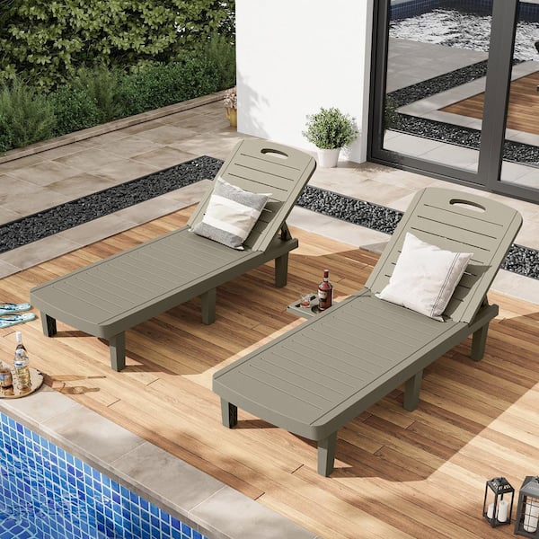 ELPOSUN Gray Adjustable Waterproof Oversized Resin Outdoor Patio Chaise Lounge Chair with Cup Holder, Pool, Deck(set of 2)