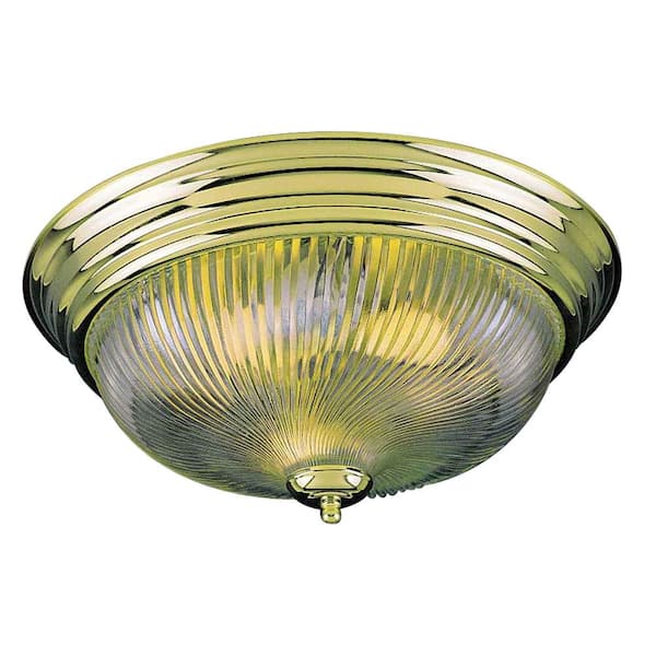 Volume Lighting 15 in. 3-Light Polished Brass Indoor Flush Mount with Clear Ribbed Glass Bowl