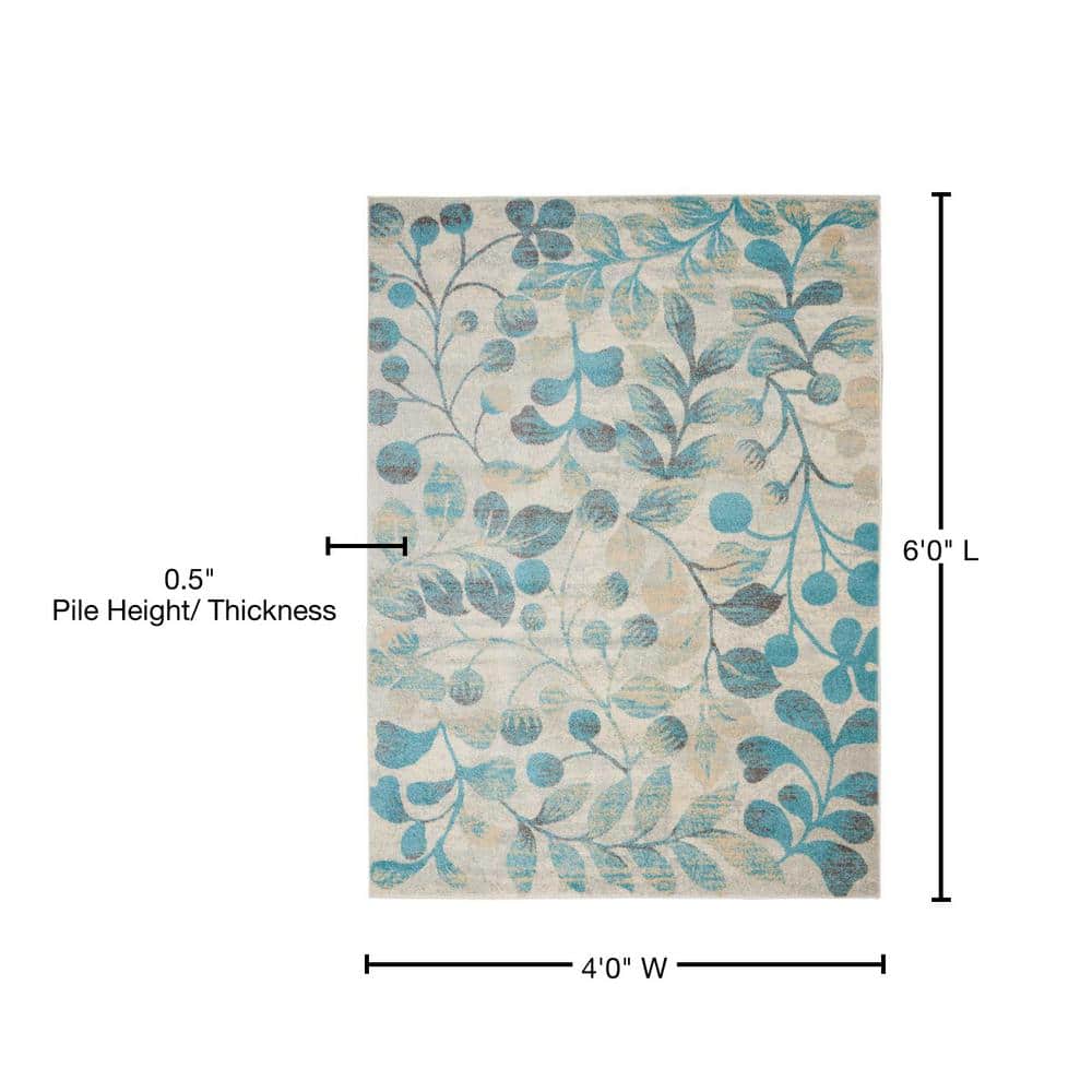 Ivory and Turquoise Floral Synthetic 4' x 6' Area Rug