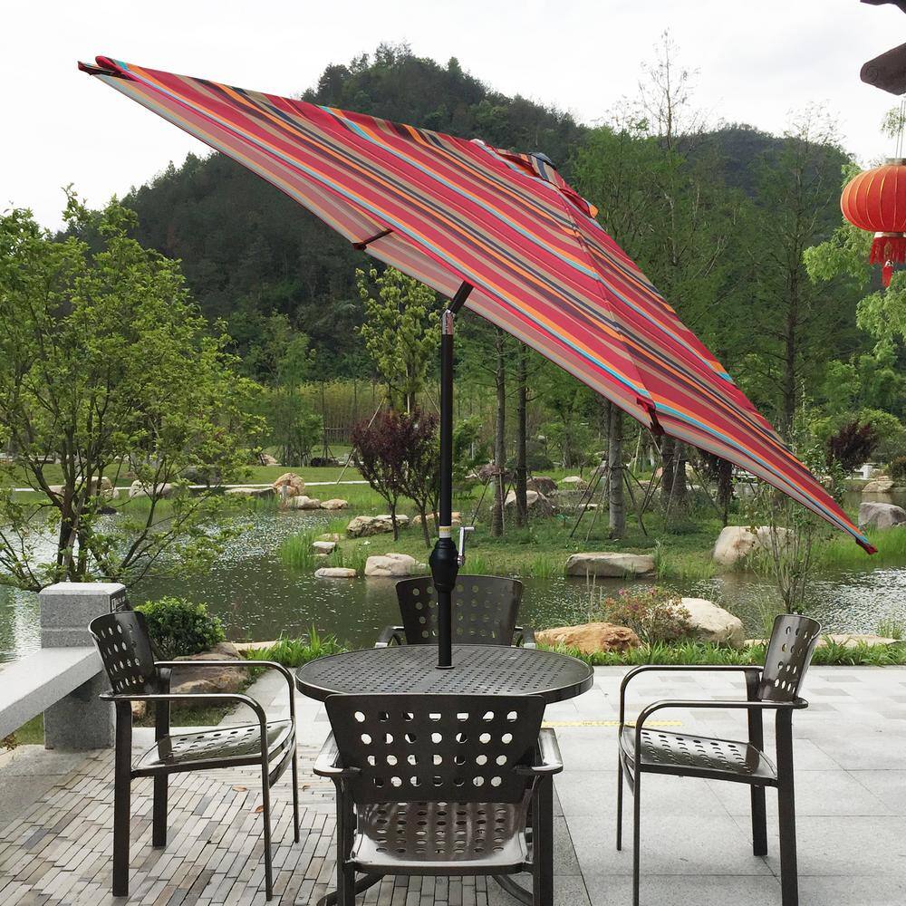 9ft Red Striped Metal Market Patio Umbrella with Crank Lift