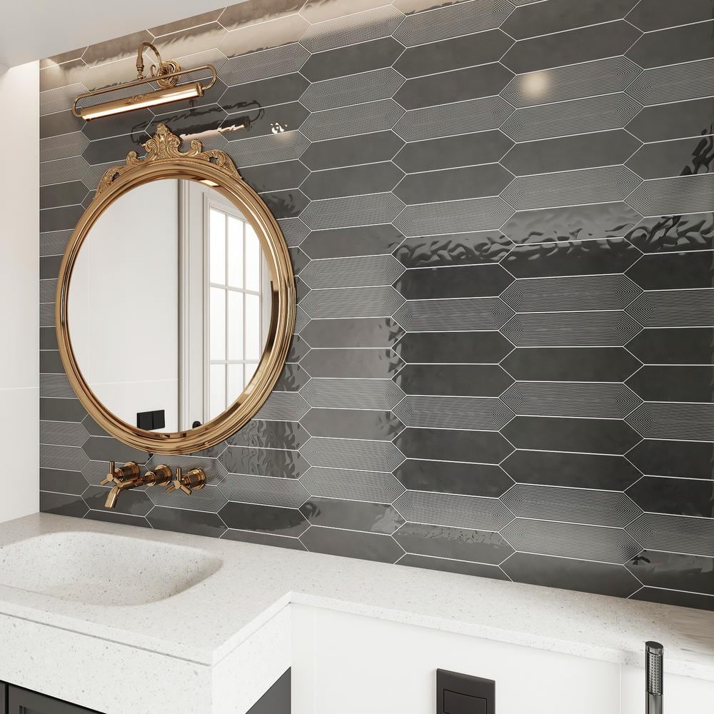 Black Glazed Ceramic Hexagonal Subway Tile 3" x 12"
