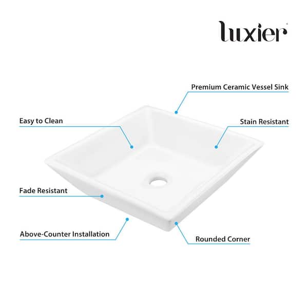 LUXIER Flat Square Bathroom Ceramic Vessel Sink Art Basin in White LUXIER Flat Square Bathroom Ceramic Vessel Sink Art Basin in White