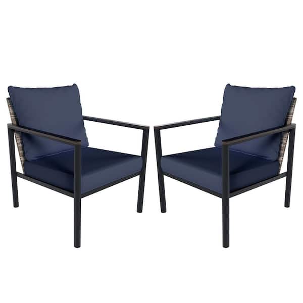 Wicker Outdoor Chaise Lounge with Blue Cushions (2-Pack)