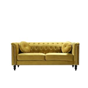 Vivian 75.98 in. W Yellow Classic Strong Yellow Flared Arm Velvet 3-Seats Straight Chesterfield Sofa with Nailheads