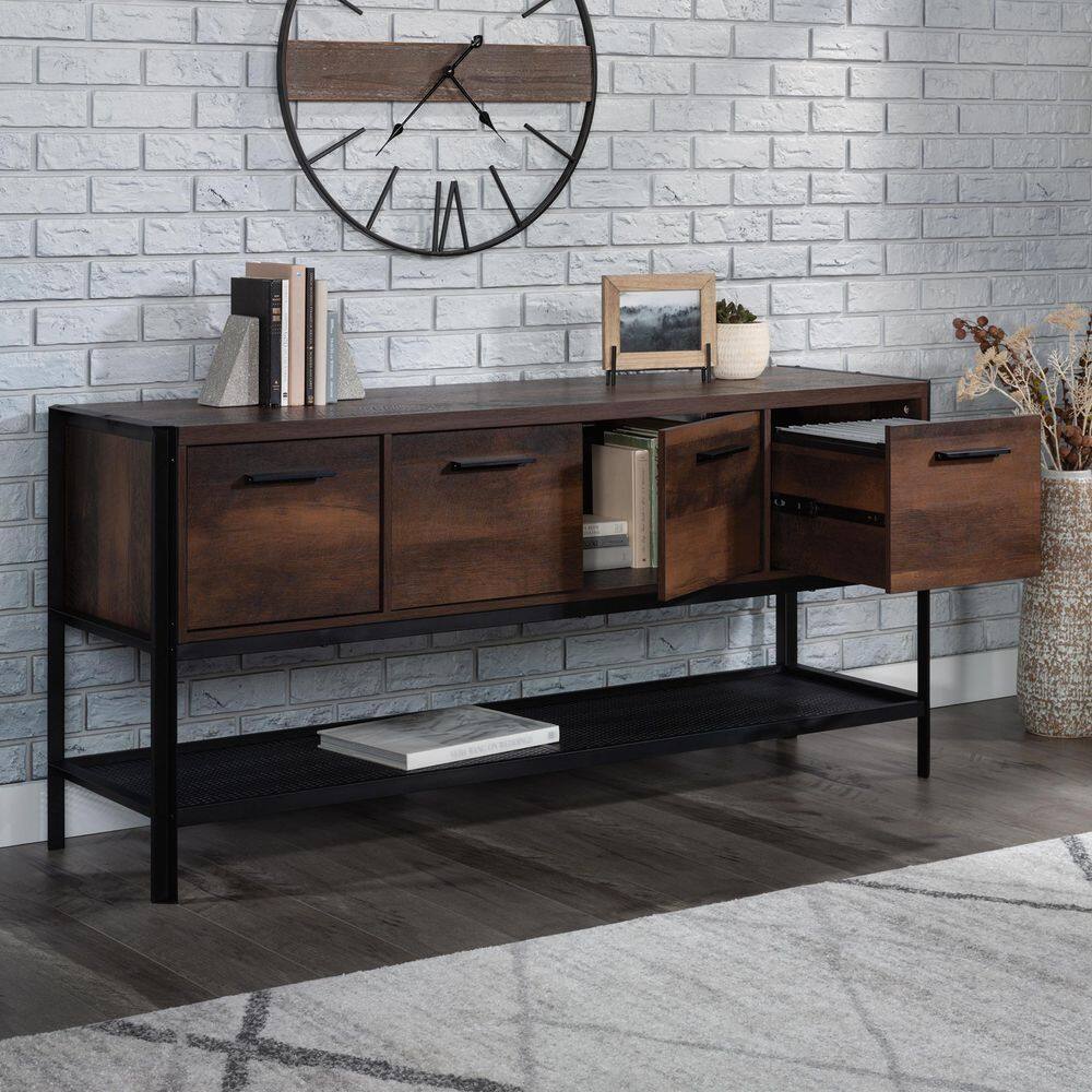 Barrel Oak and Black Metal 2-Drawer Office Credenza
