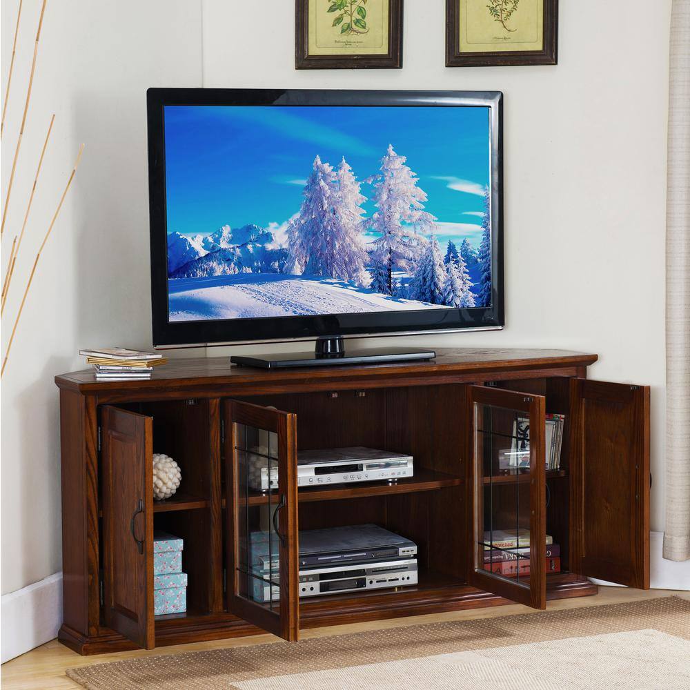 Burnished Oak Corner TV Stand with Blackened Metal Handles