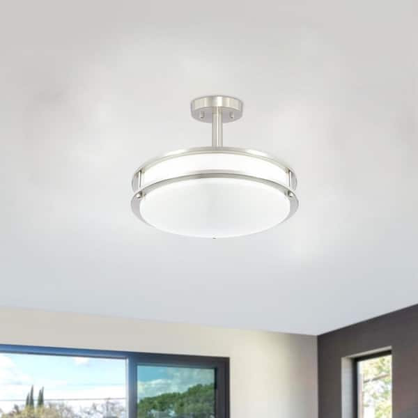 16 in. 24-Watt Brushed Nickel Modern Dual Ring Dimmable Integrated LED Semi-Flush Mount for Living Room, Bedroom, 4000K