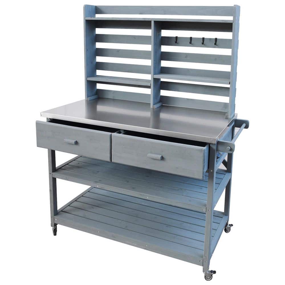 46.7 W x 65 in. H Grey Blue Wood Outdoor Potting Bench Table Grill Cart wit