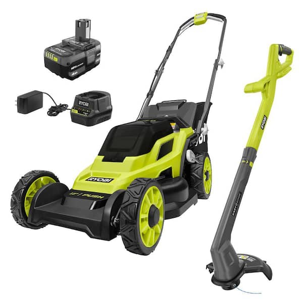 RYOBI ONE+ 18V 13 in. Cordless Walk Behind Push Lawn Mower and Cordless ...