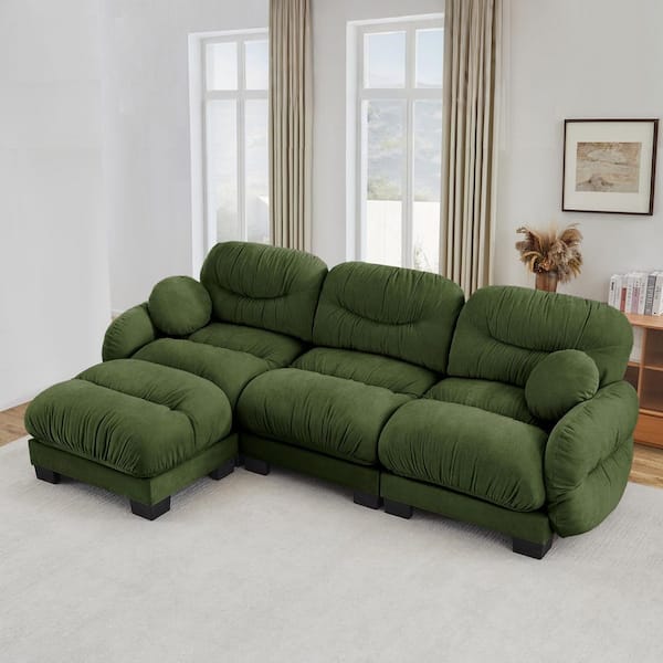 116.1 in. Round Arms Chenille L-Shaped Modular Sectional Sofa in Green with Ottoman and Throw Pillows