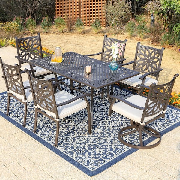 PHI VILLA Brown 7-Piece Cast Aluminum Patio Outdoor Dining Set With Rectangle Table and Dining Chairs With Beige Cushion