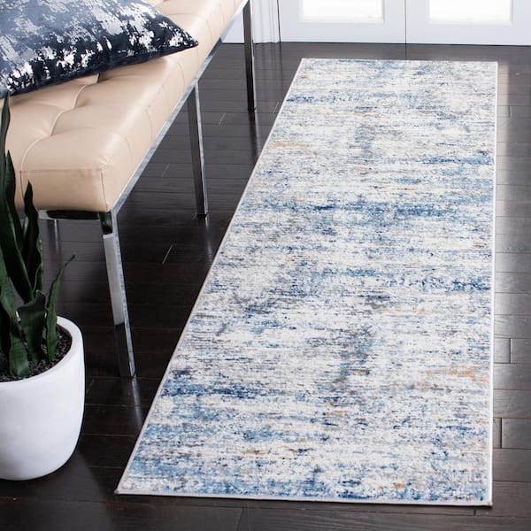 Amelia Ivory/Blue 2 ft. x 8 ft. Geometric Distressed Runner Rug