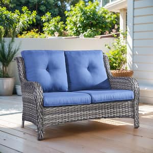 2-Seat Wicker Outdoor Loveseat Sofa Patio with CushionGuard Cushions Gray/Blue