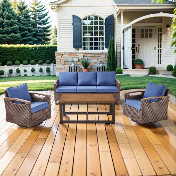 Kelsey Blue 4-Piece Brown Wicker Patio Conversation Seating Sofa Set with Swivel Rocking Chairs