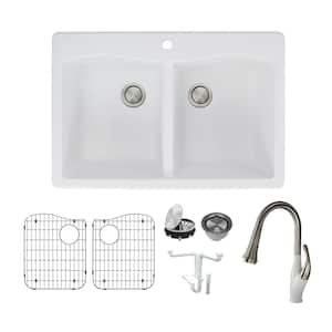 Aversa All-in-One Drop-in Granite 33 in. 1-Hole Equal Double Bowl Kitchen Sink with Faucet in White