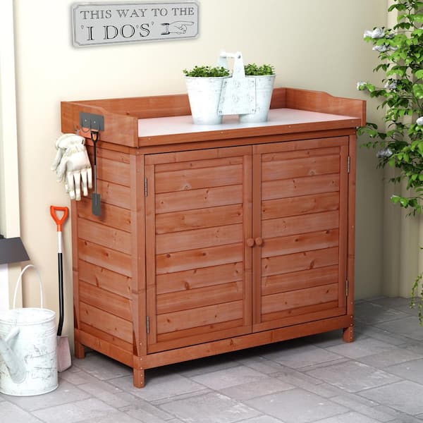 39 in. W x 19 in. D x 37.4 in. H Brown Fir Wood Outdoor Storage Cabinet with Galvanized Tabletop and Side Hook