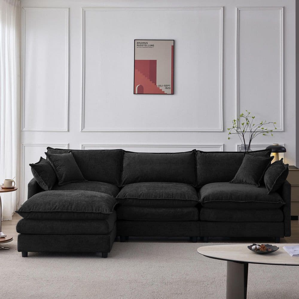Weyric Modern 105 in. Chenille Upholstered L-Shape 3-Seats Modular Sectional Sofa in Black with Ottoman, Pillows price history on PriceWatchPro