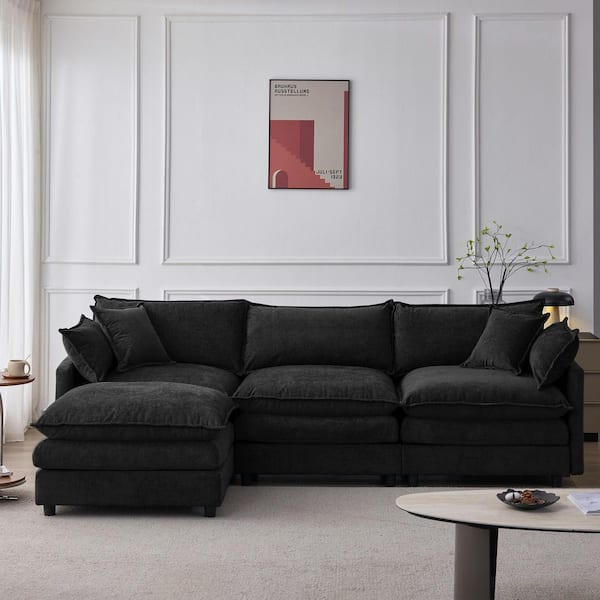 Weyric Modern 105 in. Chenille Upholstered L-Shape 3-Seats Modular Sectional Sofa in Black with Ottoman, Pillows