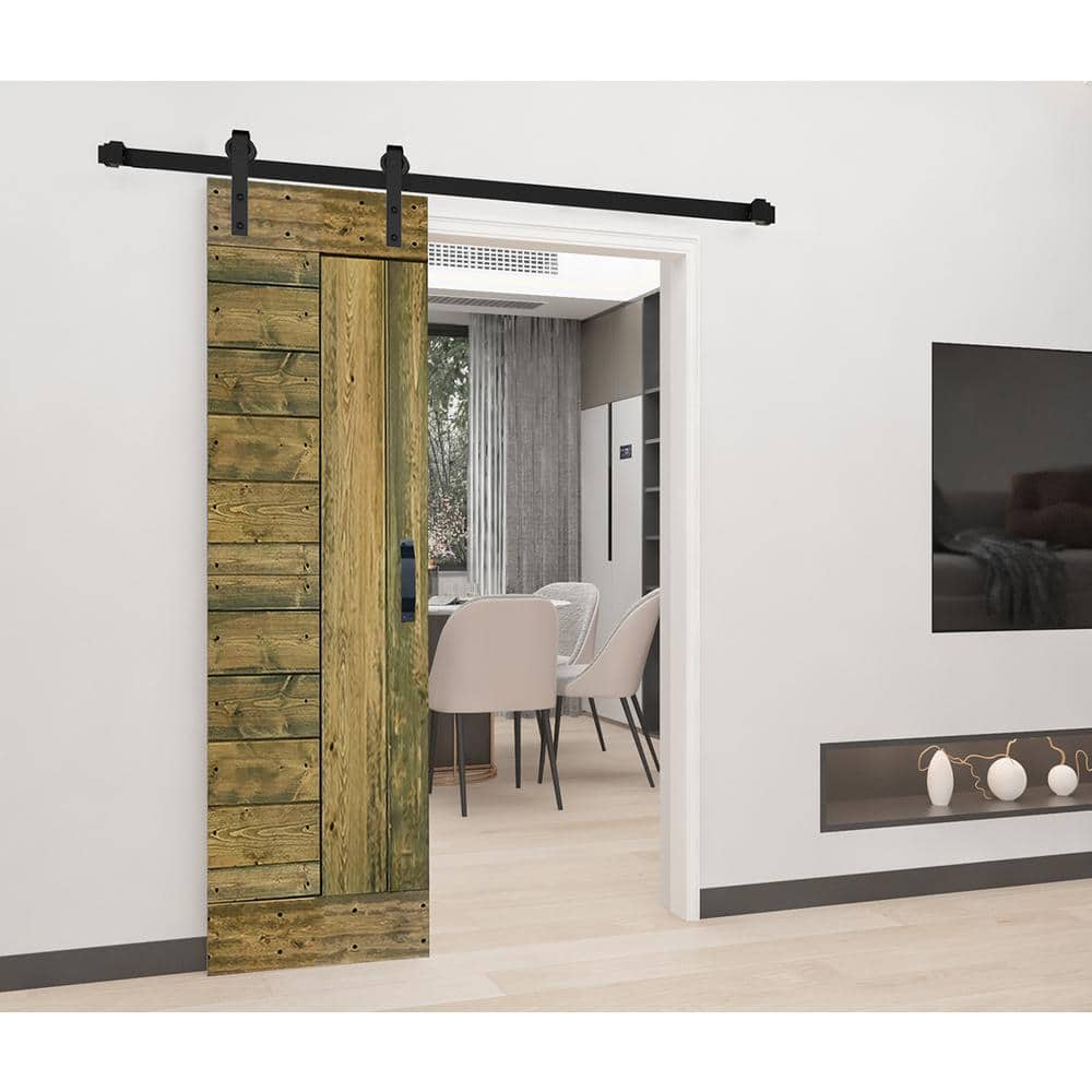 Aged Barrel Finished Solid Wood Sliding Barn Door Kit with Black Hardware