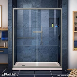 Infinity-Z 34 in. x 60 -Frameless Sliding Shower Door in Brushed Nickel with Left Drain Shower Base in Biscuit